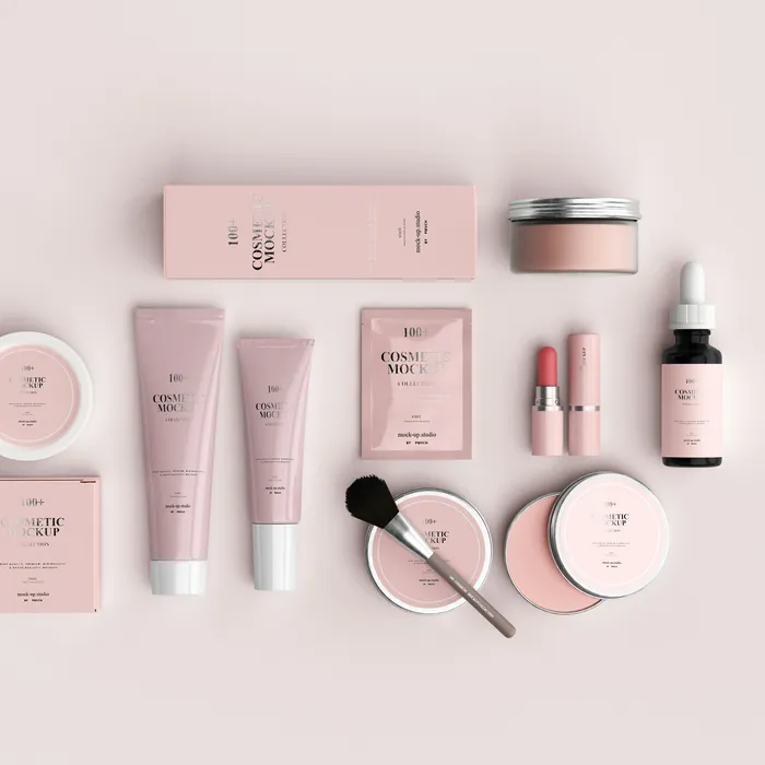 Skincare products in pink packaging